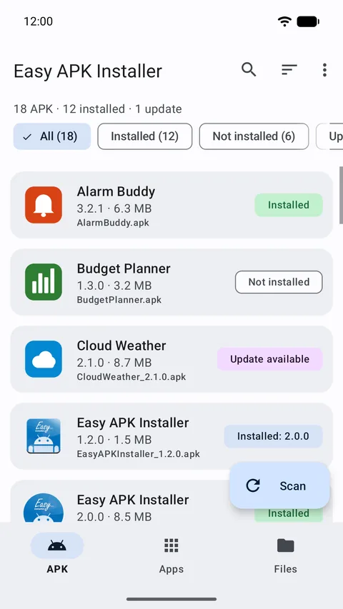 APK list with an Installed, Not installed or Update available status next to each file