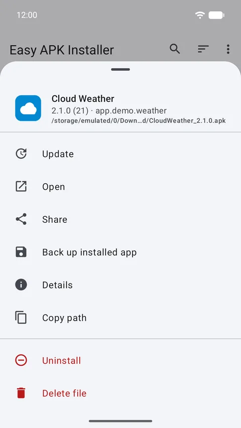 Action sheet for an APK: update, open, share, back up, details, copy path, uninstall, delete file