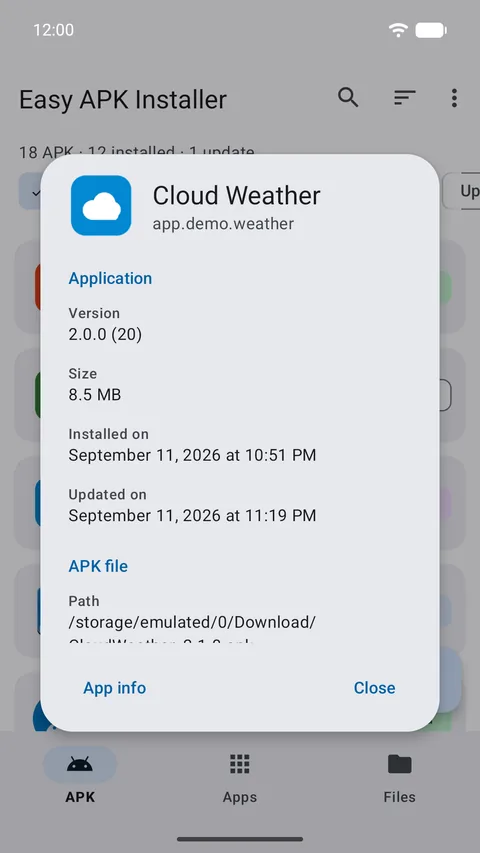 Details of an APK: version, package, minimum and target Android, size and path