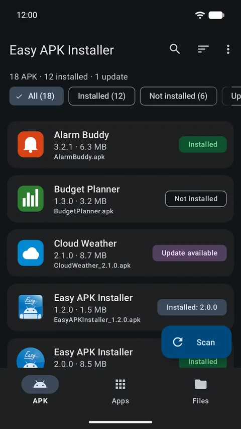 The APK list in the dark theme
