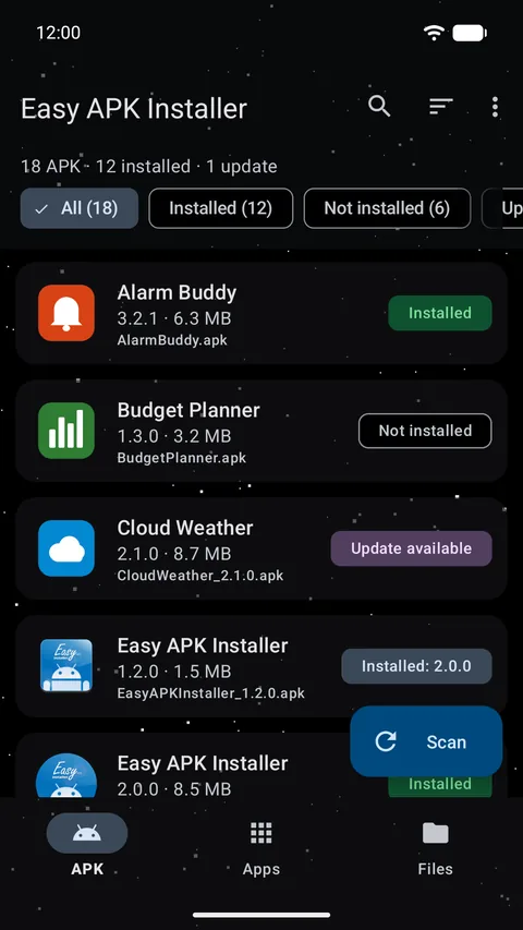 The APK list in the Starfield theme, with stars behind the cards