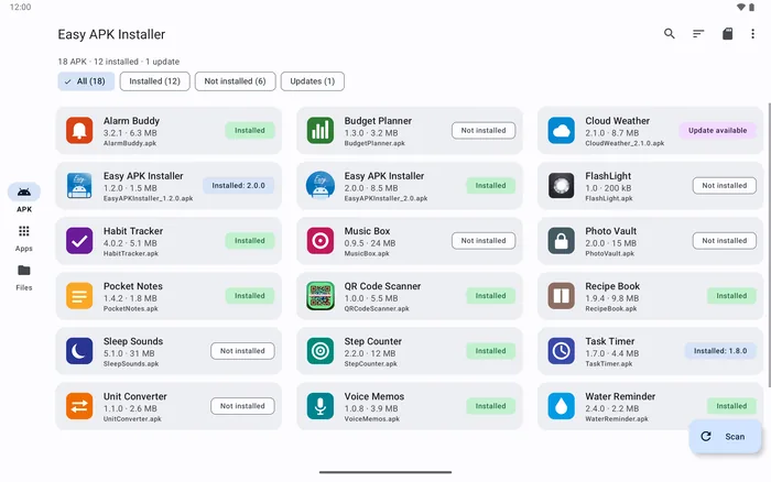 Easy APK Installer on a 10-inch tablet: a navigation rail on the left and the APK list in three columns
